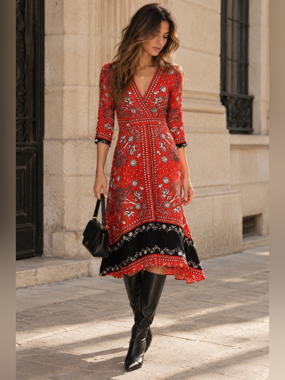 Sandro Paris Red Black 100% Silk Printed V-Neck Midi Dress FR 38
